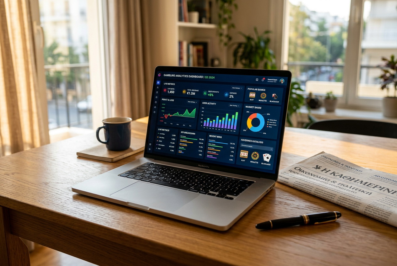 A modern laptop displaying financial charts and gaming icons.