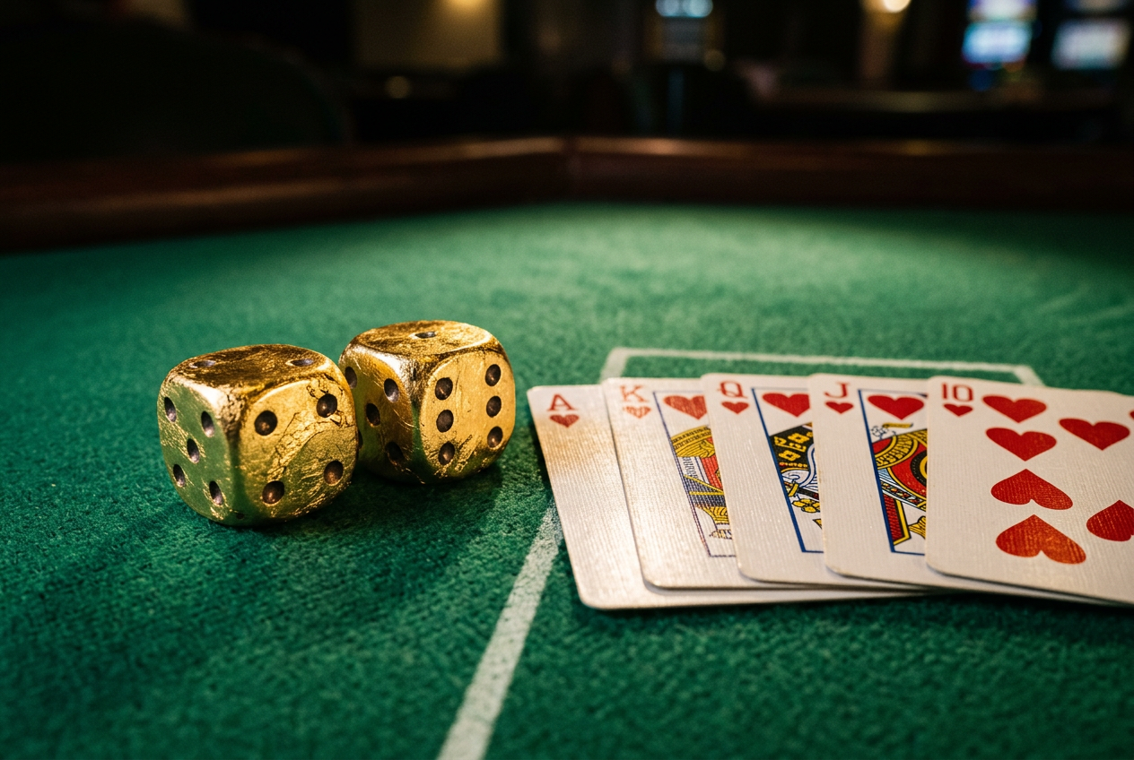 A pair of gold dice and a royal flush of cards on a green felt background.