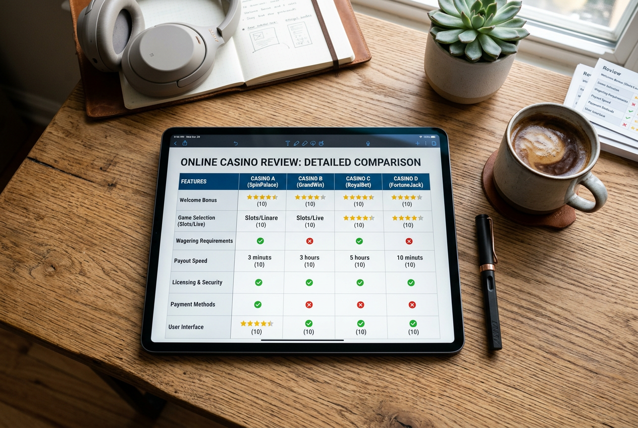 Comparison data of digital casinos on a sleek tablet.