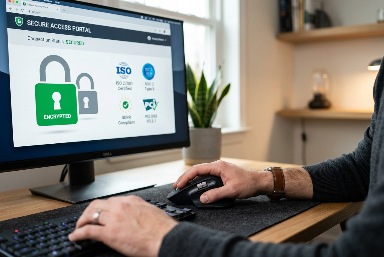 Professional reviewer examining security protocols on a computer.