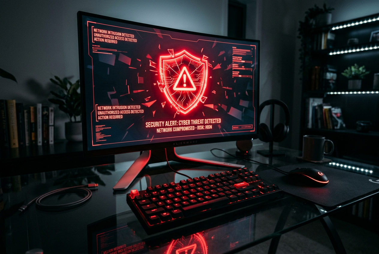 A computer screen showing a red security warning and a shield.