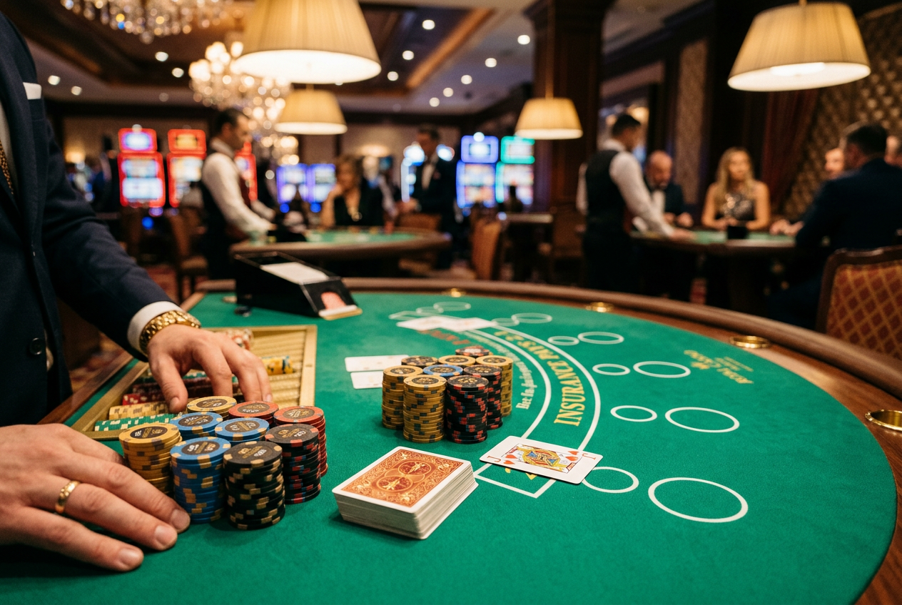 A high-end casino table with elegant chips and cards.