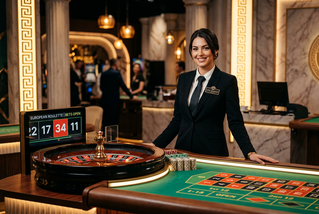 A luxury live casino studio with a professional dealer.
