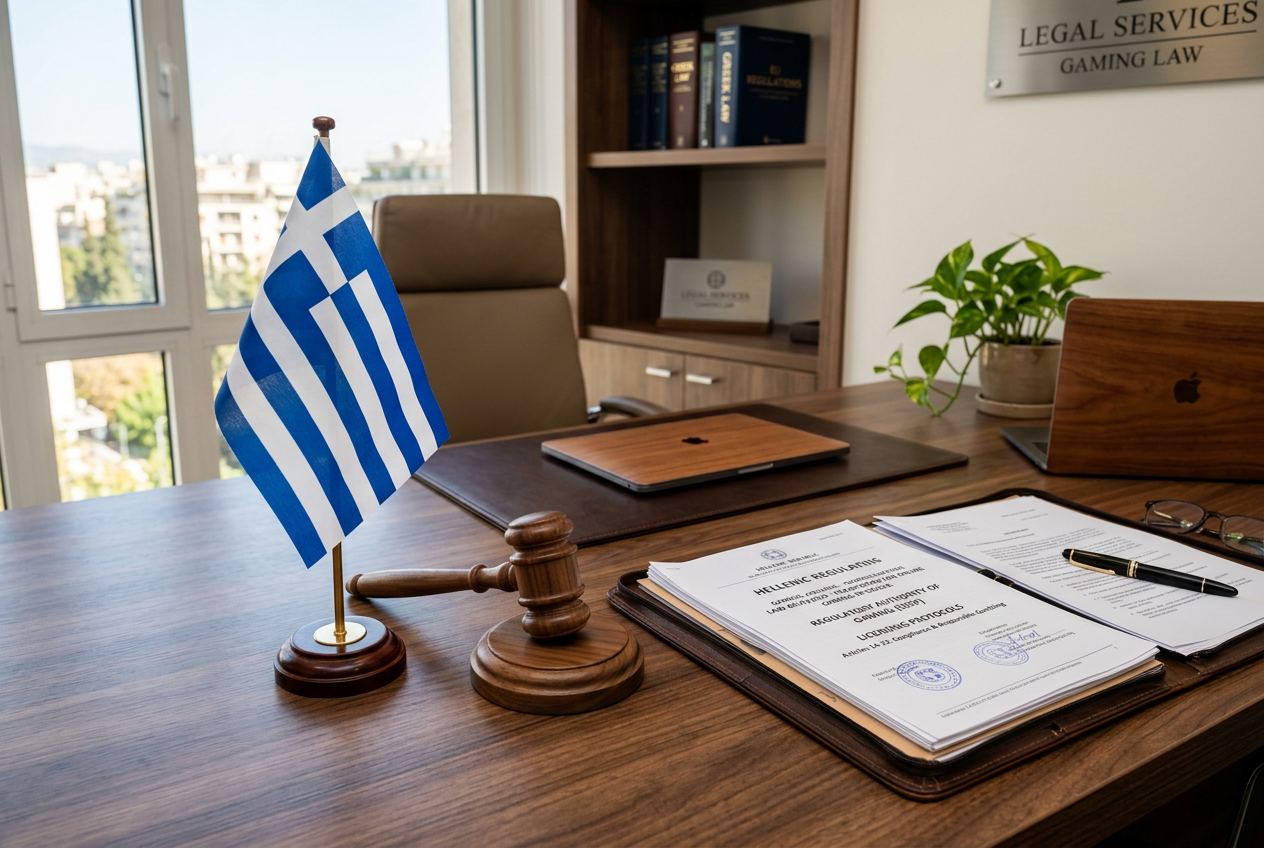Legal documents and symbols of Greek regulation.