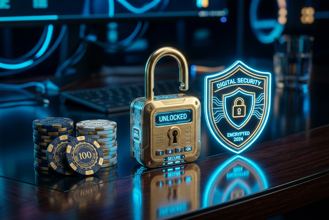 A golden padlock and poker chips representing secure online transactions.