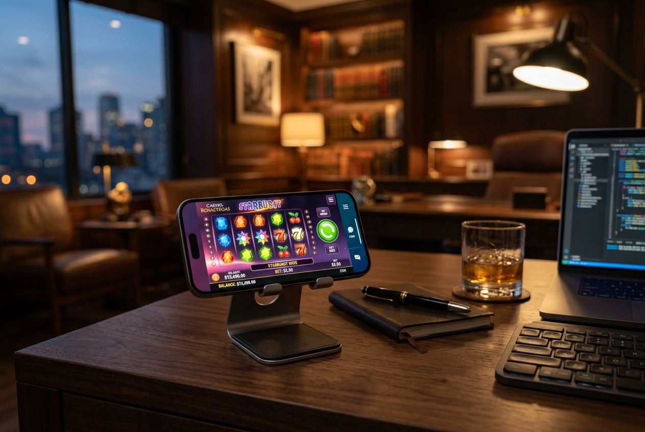 A smartphone on a desk showing an online casino game interface.