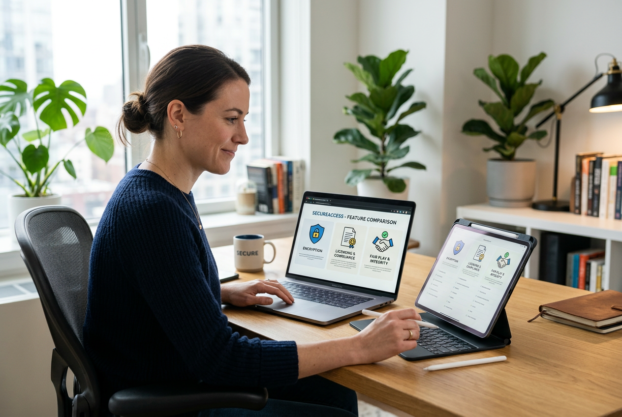 A professional analyzing casino data on a modern workspace.